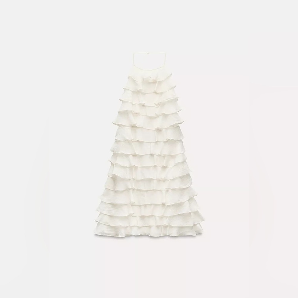 Zara ivory ecru mini dress halter ruffle Bohemian summer vacation evening - Picture 11 of 12
